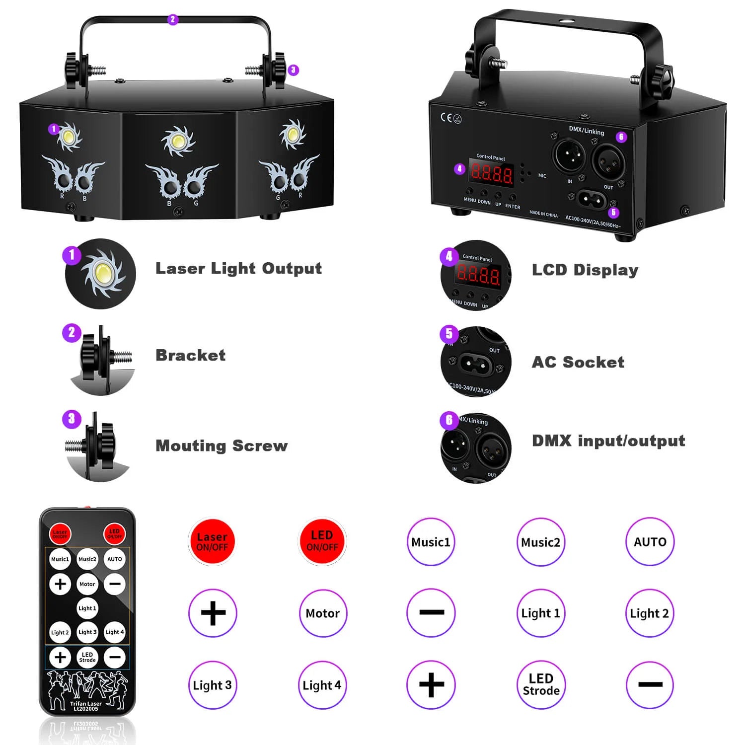 RGB Laser + White Strobe Light Stage Effect Lighting 7CH DMX Sound Control