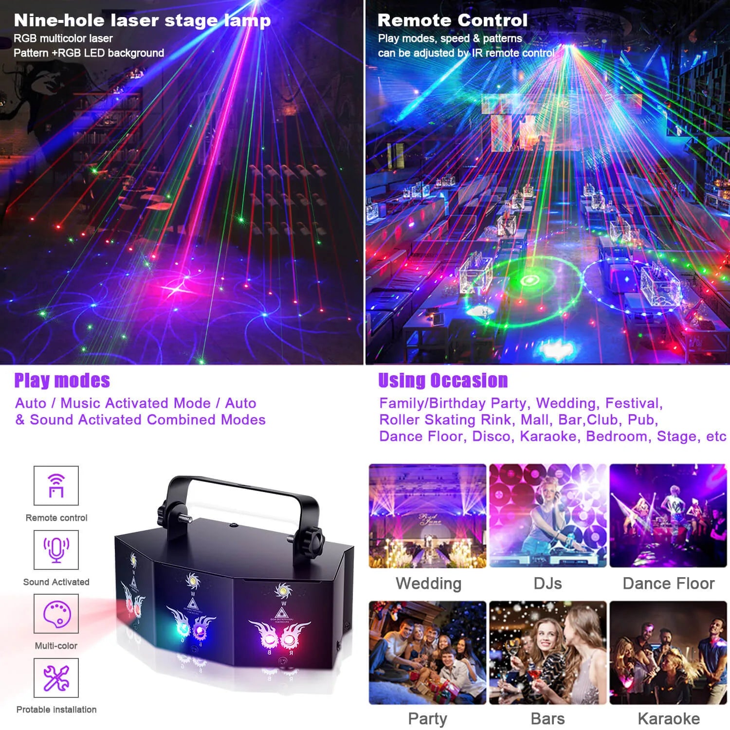 RGB Laser + White Strobe Light Stage Effect Lighting 7CH DMX Sound Control