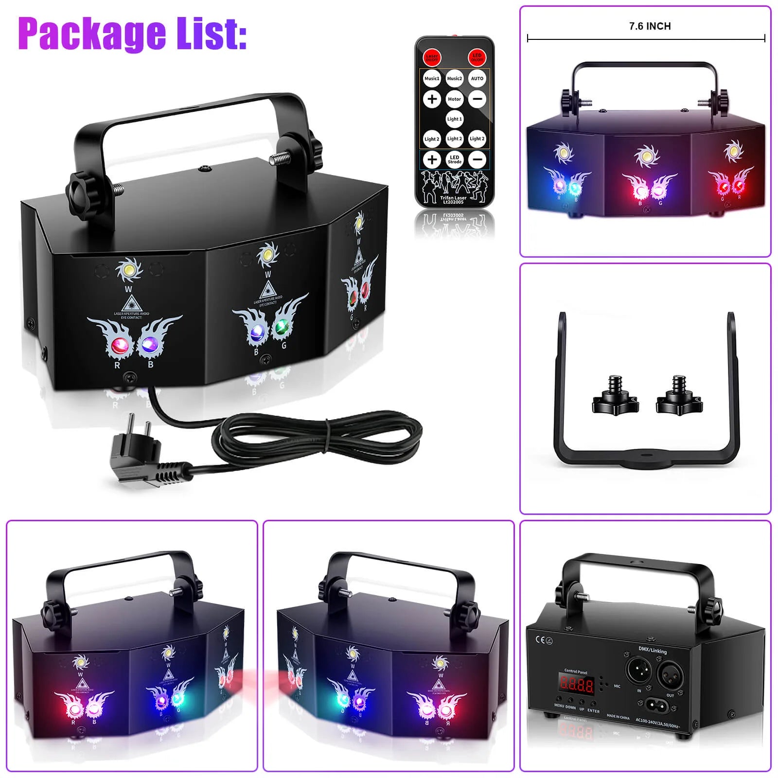 RGB Laser + White Strobe Light Stage Effect Lighting 7CH DMX Sound Control